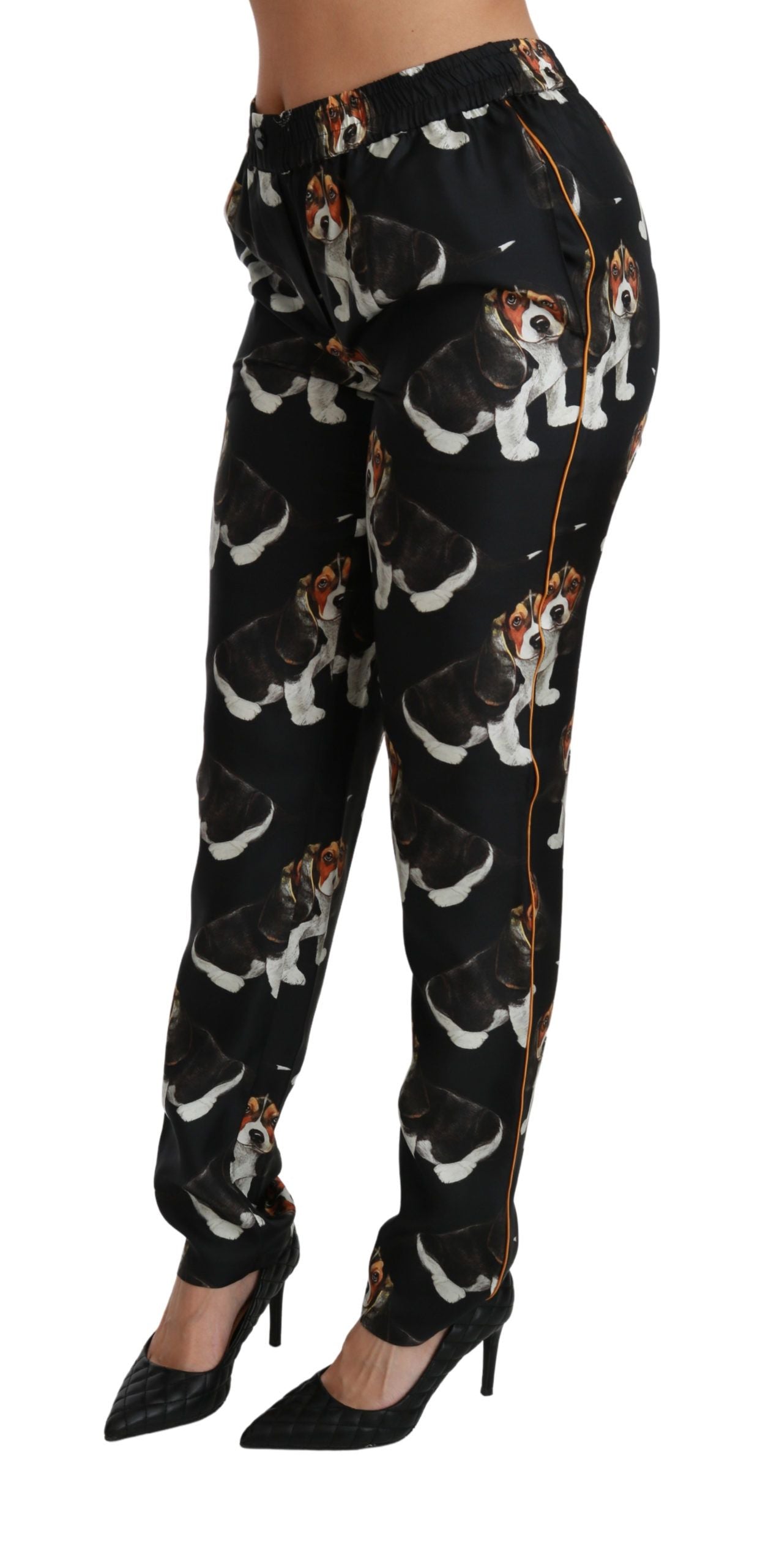 Dolce & Gabbana Elegant Silk Puppy Dog Print Pants