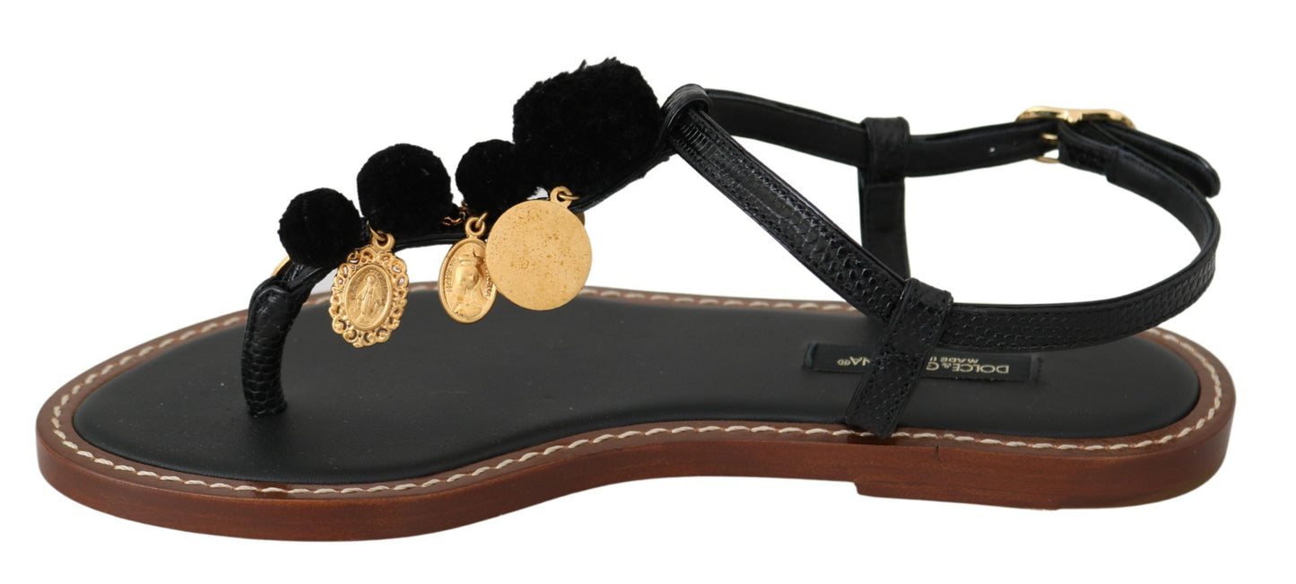 Dolce & Gabbana Pom Pom Flip Flop Ankle Strap Flats