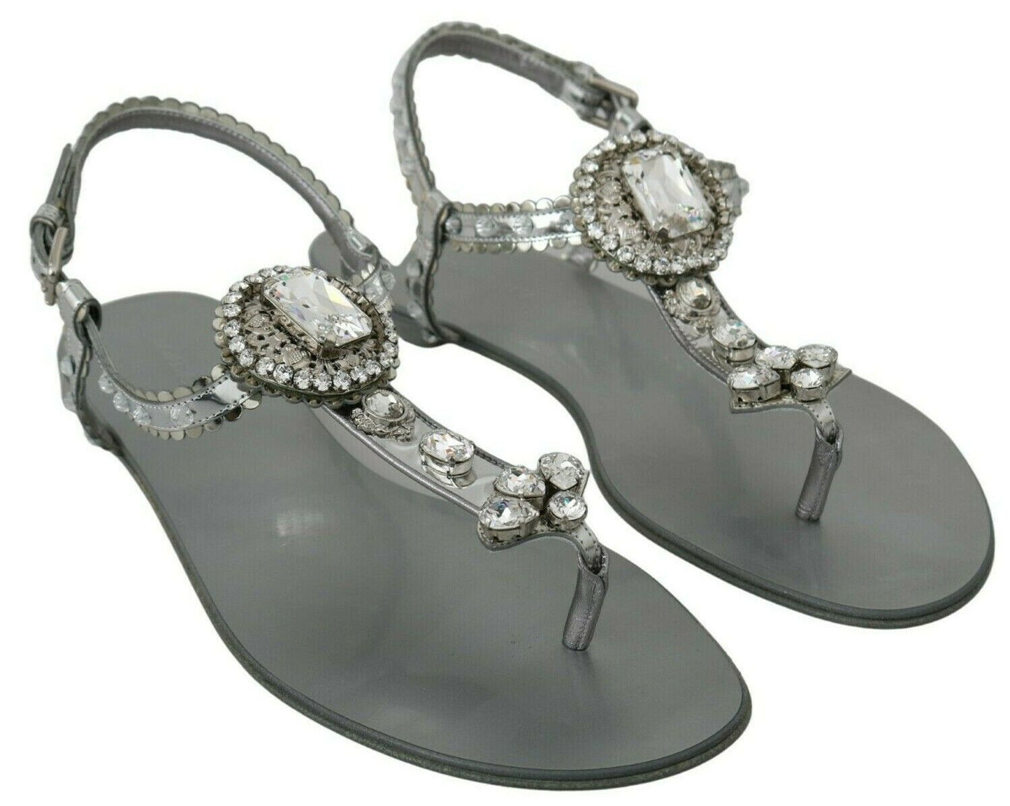 Dolce & Gabbana Elegant Silver Flats with Crystal Embellishments