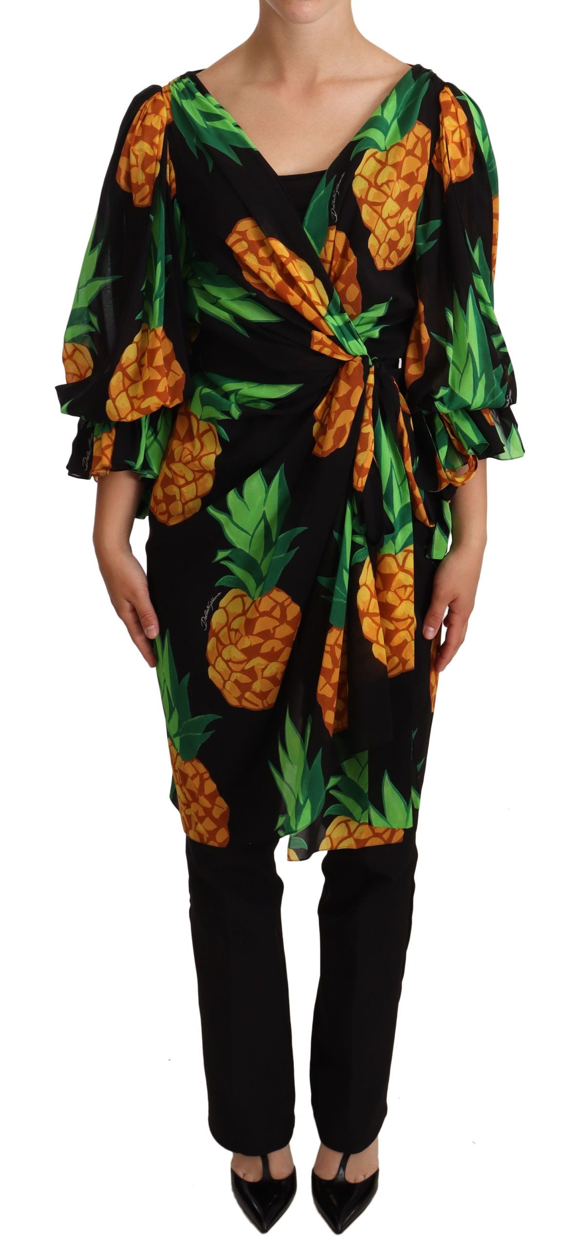 Dolce & Gabbana Vibrant Pineapple Draped Wrap Dress