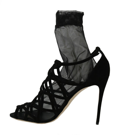 Dolce & Gabbana Black Suede Tulle Ankle Boot Sandals