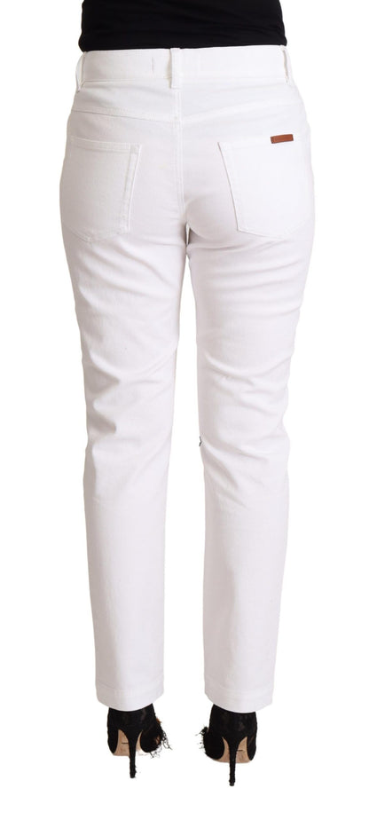 Dolce & Gabbana Chic White Tapered Denim Jeans with Logo Patch