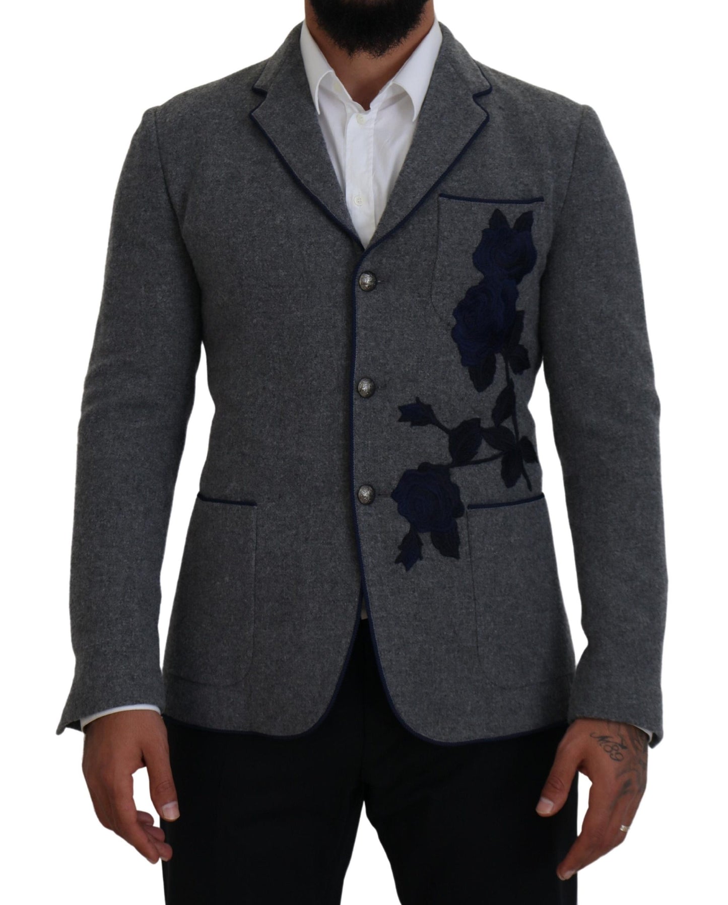 Dolce & Gabbana Elegant Gray Wool Blazer with Blue Rose Embroidery