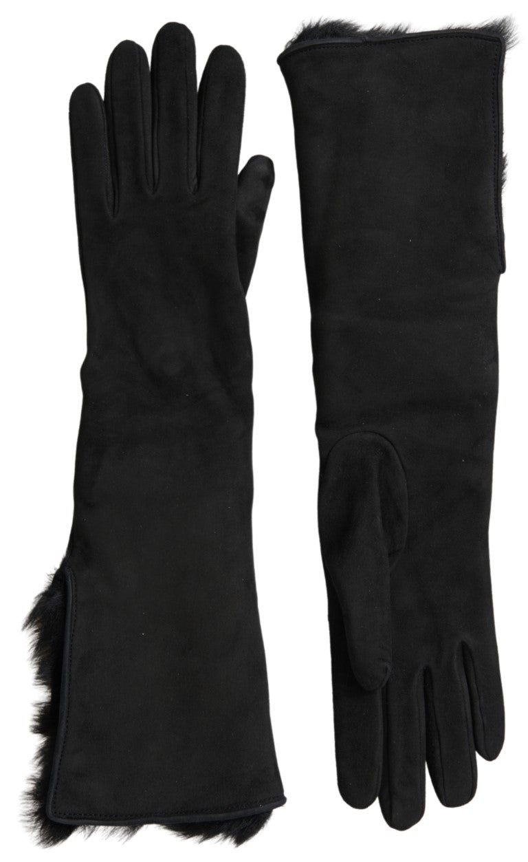 Dolce & Gabbana Elegant Leather Elbow Length Gloves with Fur Trim