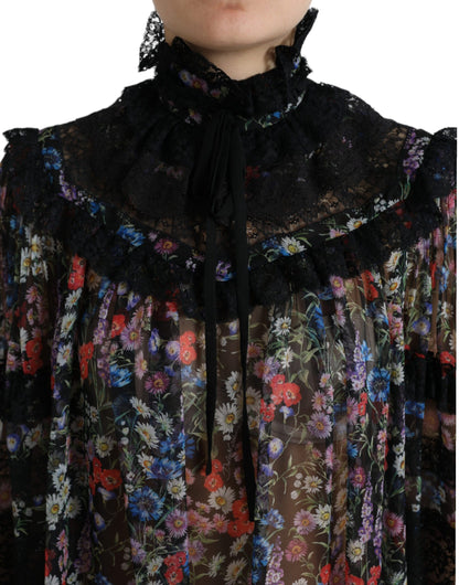 Dolce & Gabbana Elegant Floral Silk Blouse with Lace Trim