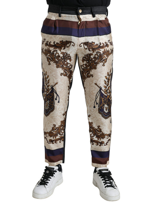 Dolce & Gabbana Elegant Silk Skinny Pants with Heraldic Print