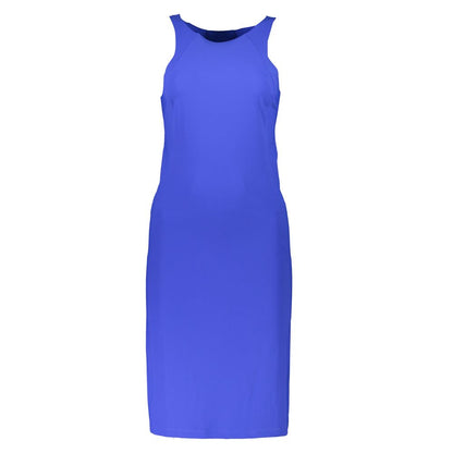 Patrizia Pepe Elegant Blue Crew Neck Dress with Logo Detail