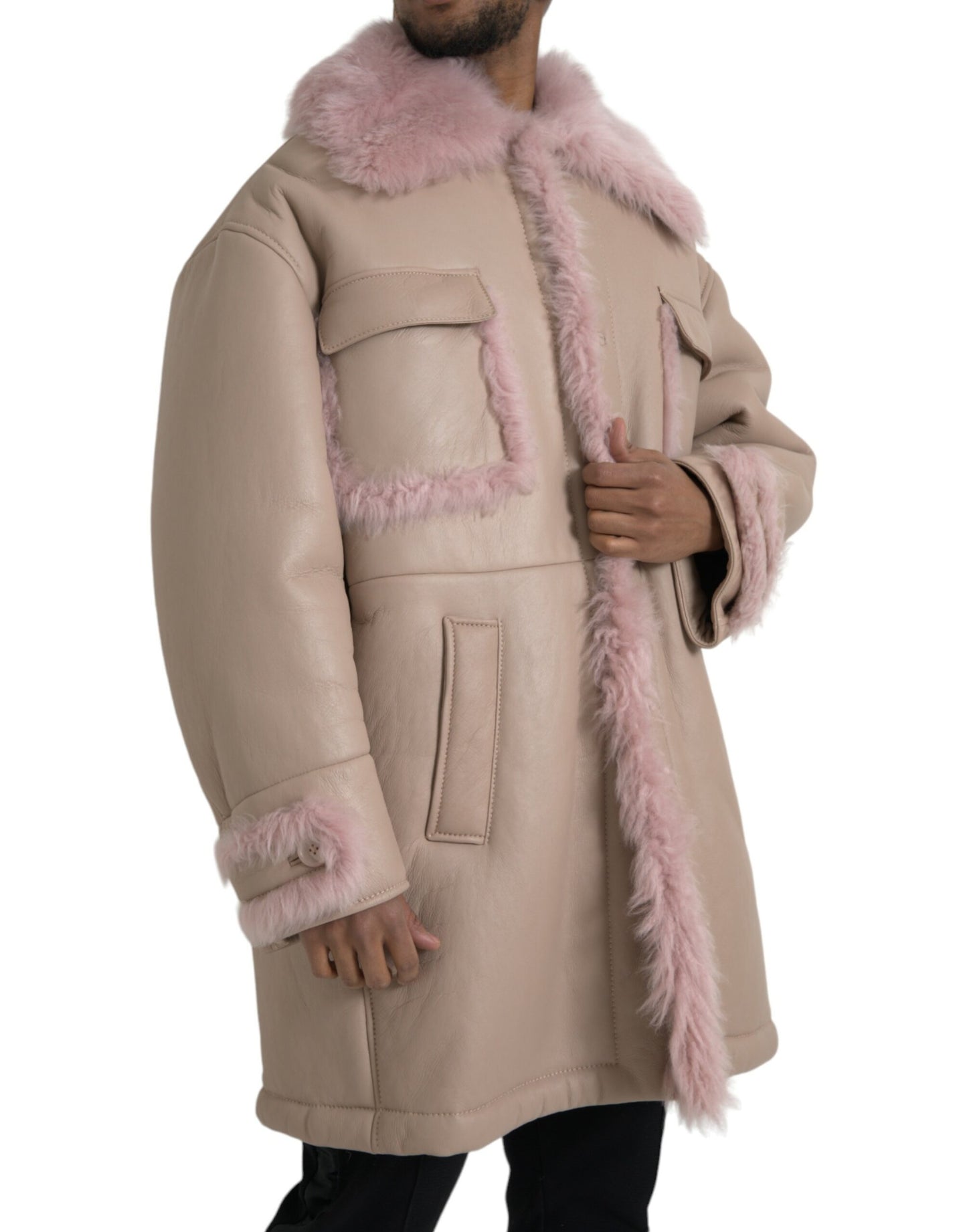 Dolce & Gabbana Beige Pink Lamb Leather Shearling Coat Jacket