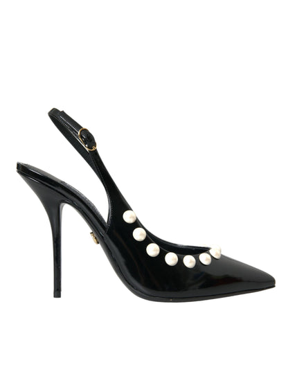 Dolce & Gabbana Black Leather Faux Pearl Heel Slingback Shoes