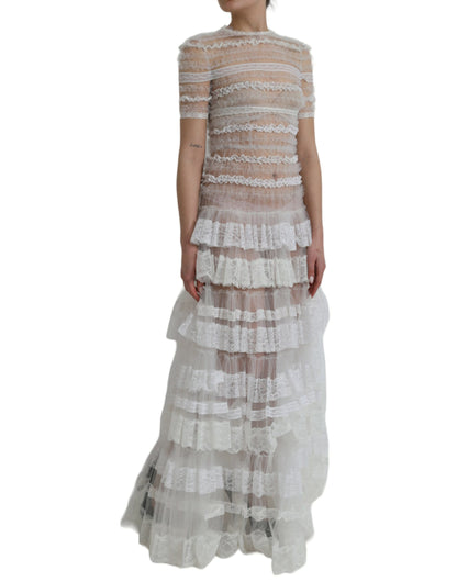 Dolce & Gabbana White Nylon Sheer Tiered Lace Maxi Dress