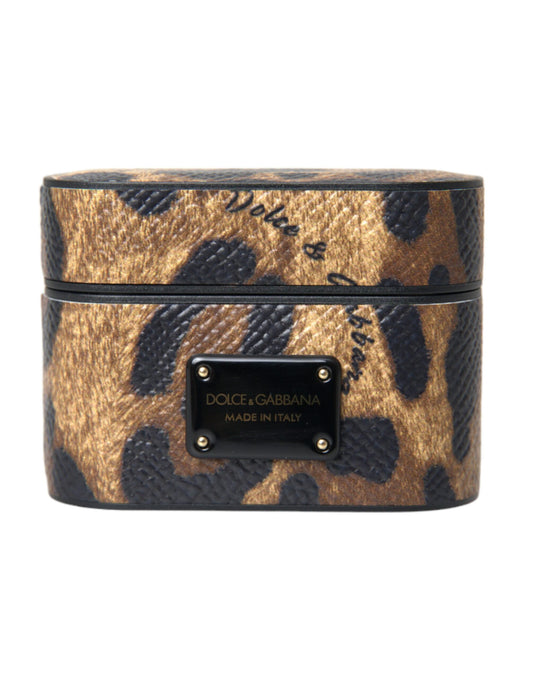 Dolce & Gabbana Brown Leopard Calf Leather Metal Logo Plaque Airpods Case