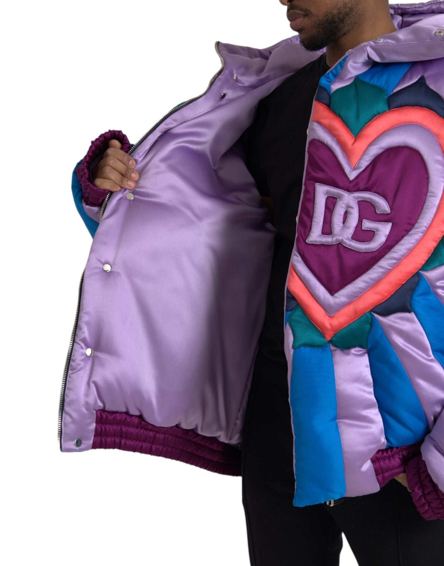 Dolce & Gabbana Multicolor Heart Logo Hooded Puffer Jacket