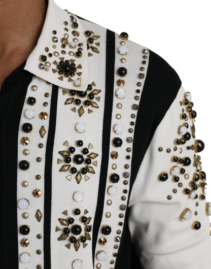 Dolce & Gabbana White Black Silk Studded Stone Crystal Shirt