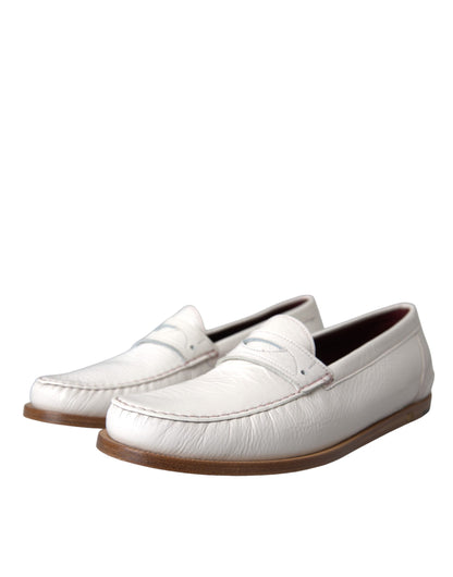 Dolce & Gabbana White Leather Slip On Mocassin Loafers Shoes