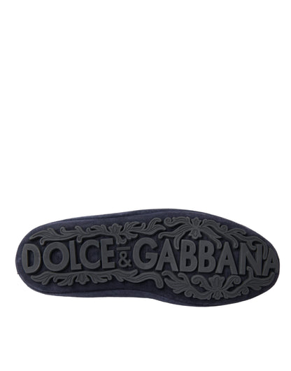 Dolce & Gabbana Blue Leather Suede Crystal Crown Loafers Shoes