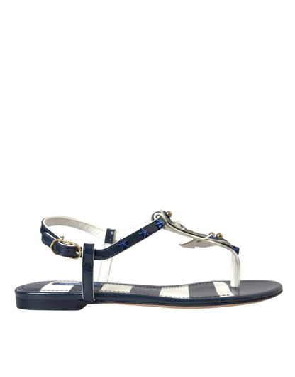 Dolce & Gabbana Blue Stripes Leather Studded Flats Sandals Shoes