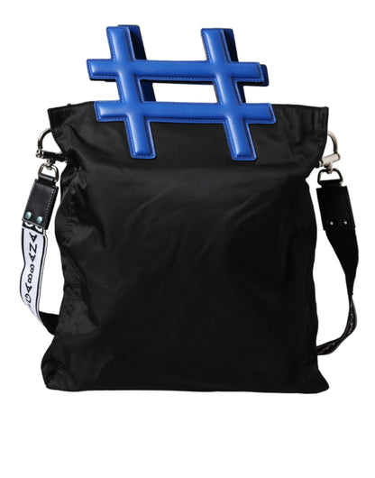 Dolce & Gabbana Black Nylon Blue Leather Hashtag Shopping Tote Bag