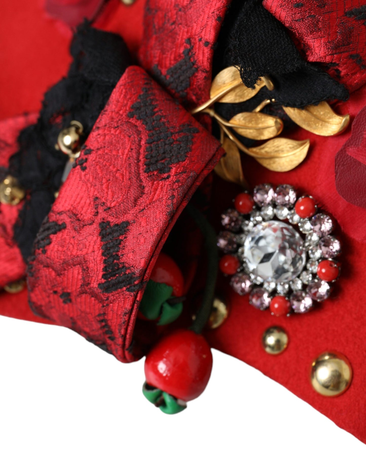 Dolce & Gabbana Red Crystal Gold Roses Brooch Embellished Hat