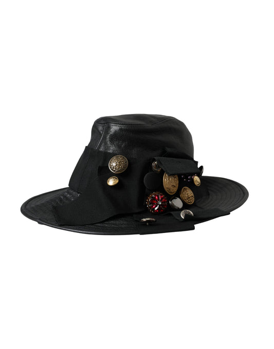 Dolce & Gabbana Black Leather DG Coin Crystal Wide Brim Hat