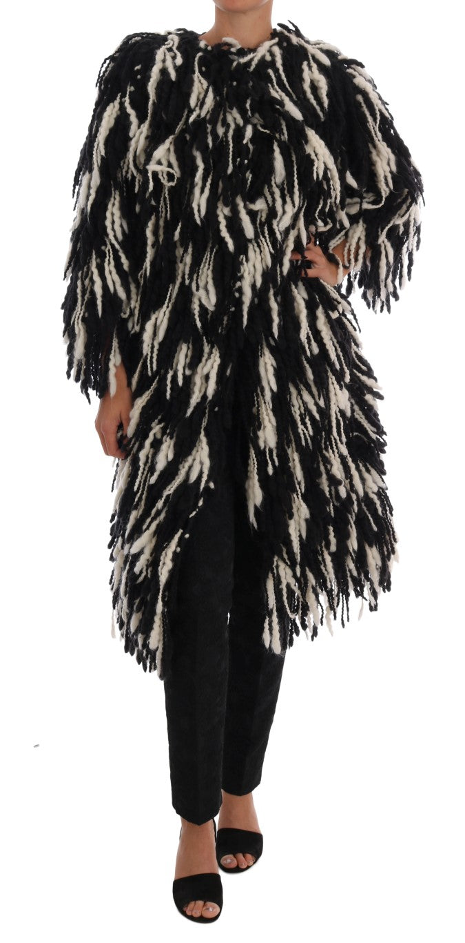 Dolce & Gabbana Black and White Fringed Wool Coat Jacket