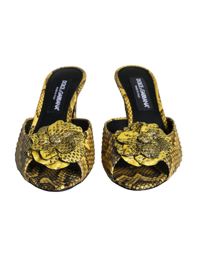 Dolce & Gabbana Yellow Leather Block Heels Slides Shoes