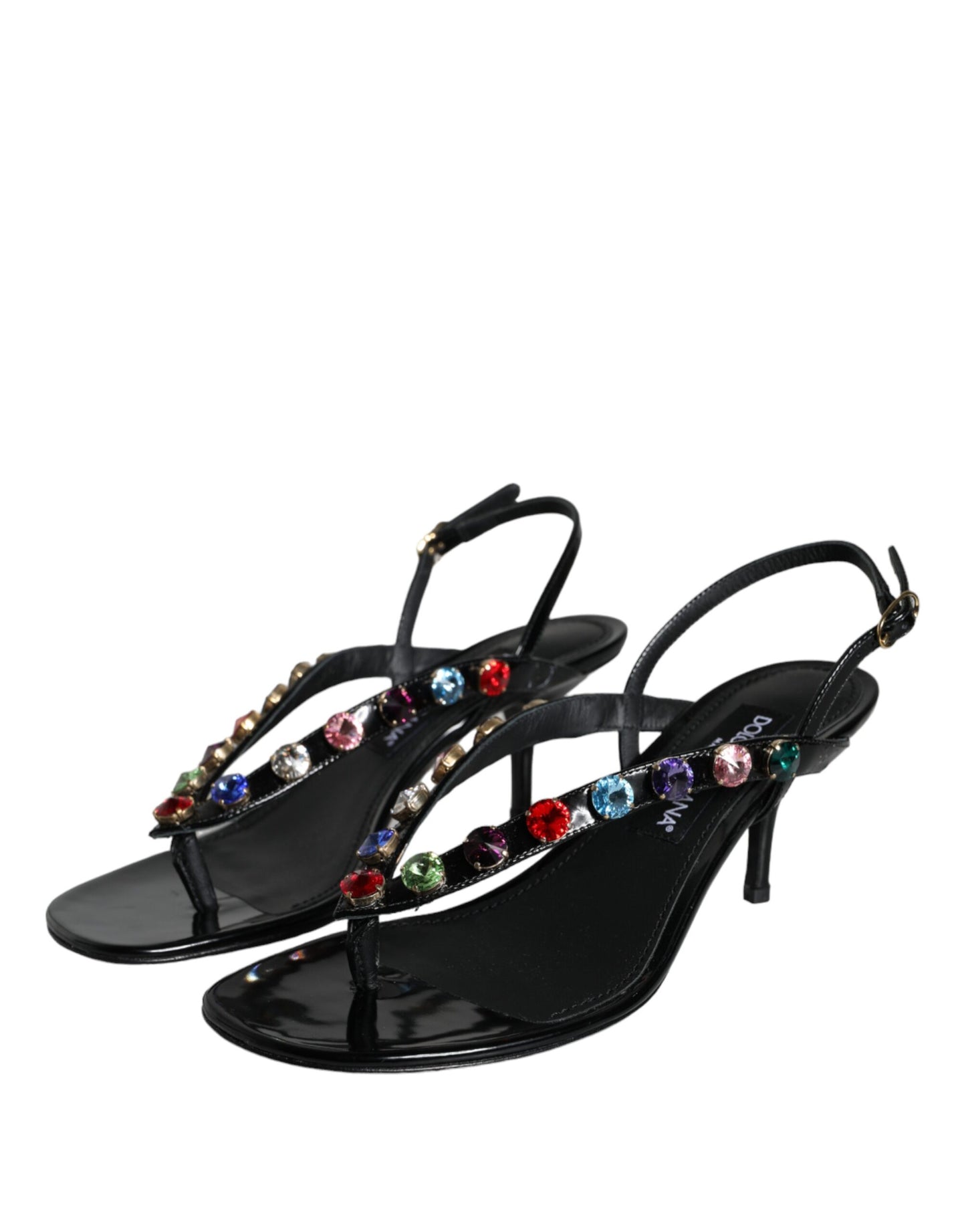 Dolce & Gabbana Black Leather Crystal Slingback Sandals Shoes