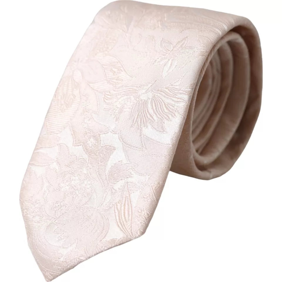 Dolce & Gabbana Off White Floral Brocade Silk Adjustable Men Tie