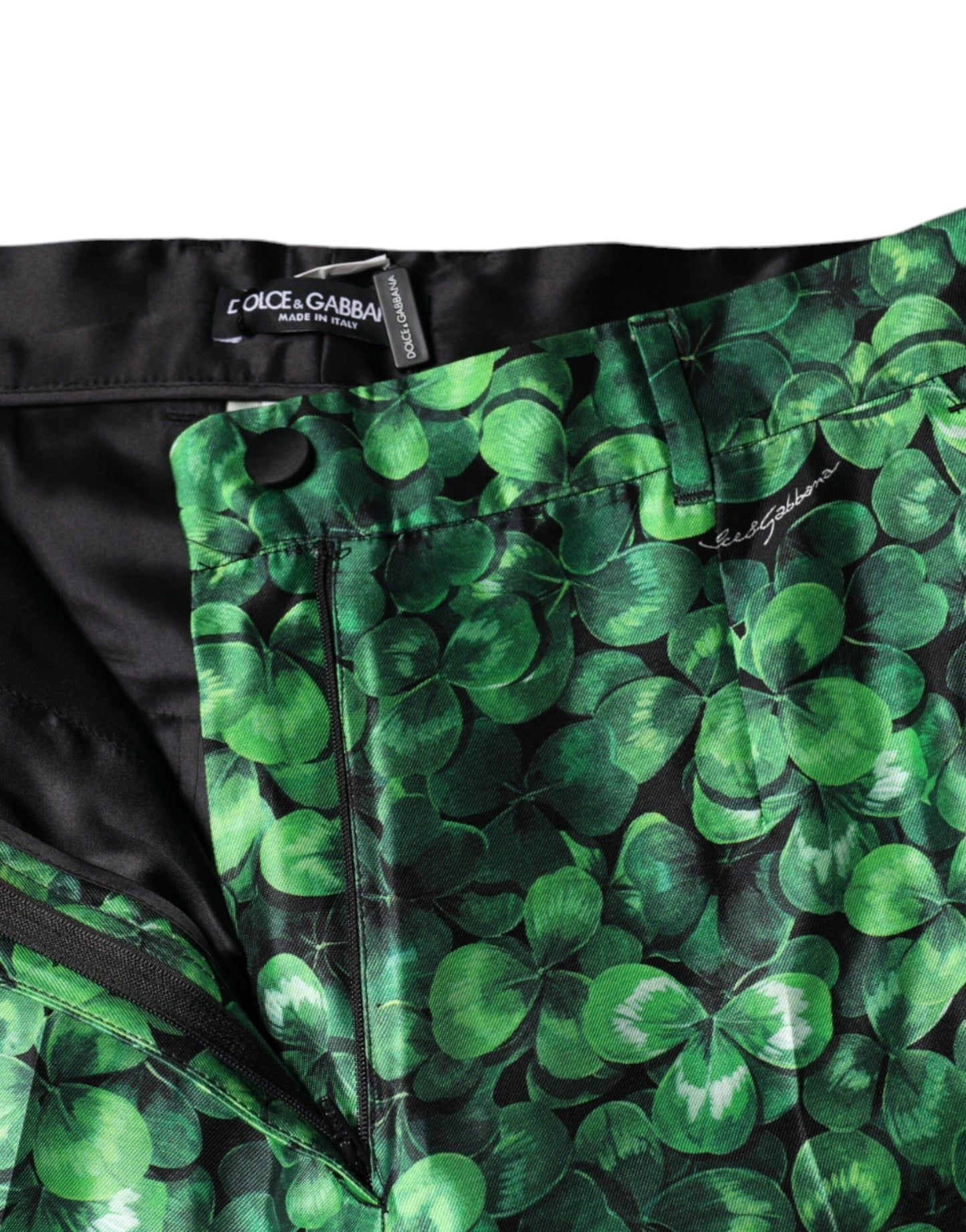 Dolce & Gabbana Green Clover Silk Satin High Waist Tapered Pants