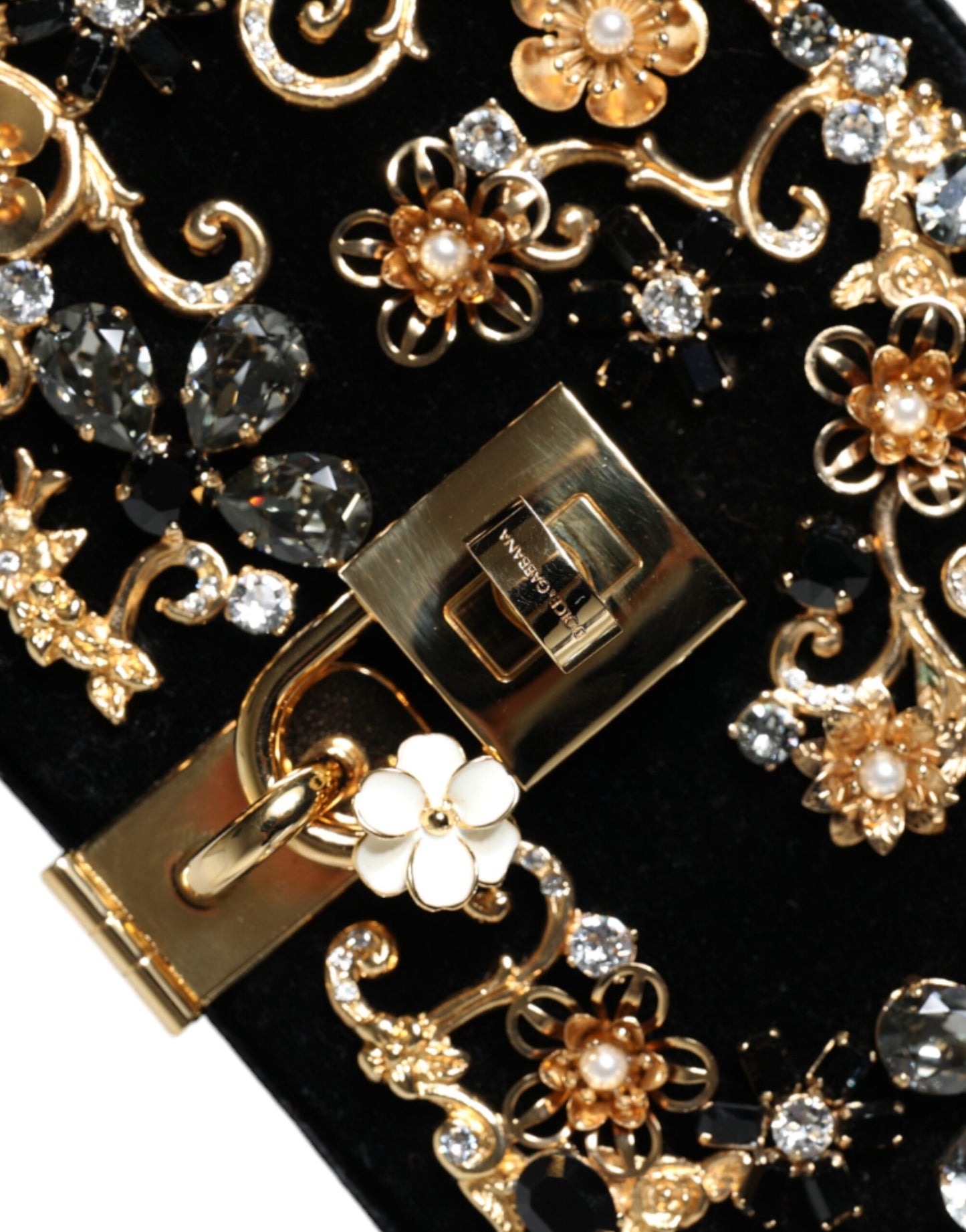 Dolce & Gabbana Black Velvet Floral Crystal Clutch Evening Purse Bag