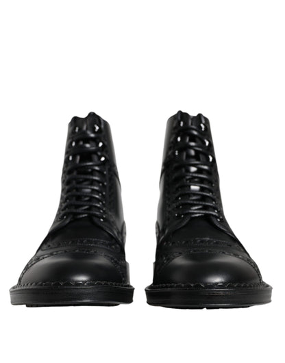 Dolce & Gabbana Black Leather Lace Up Mid Calf Boots Shoes