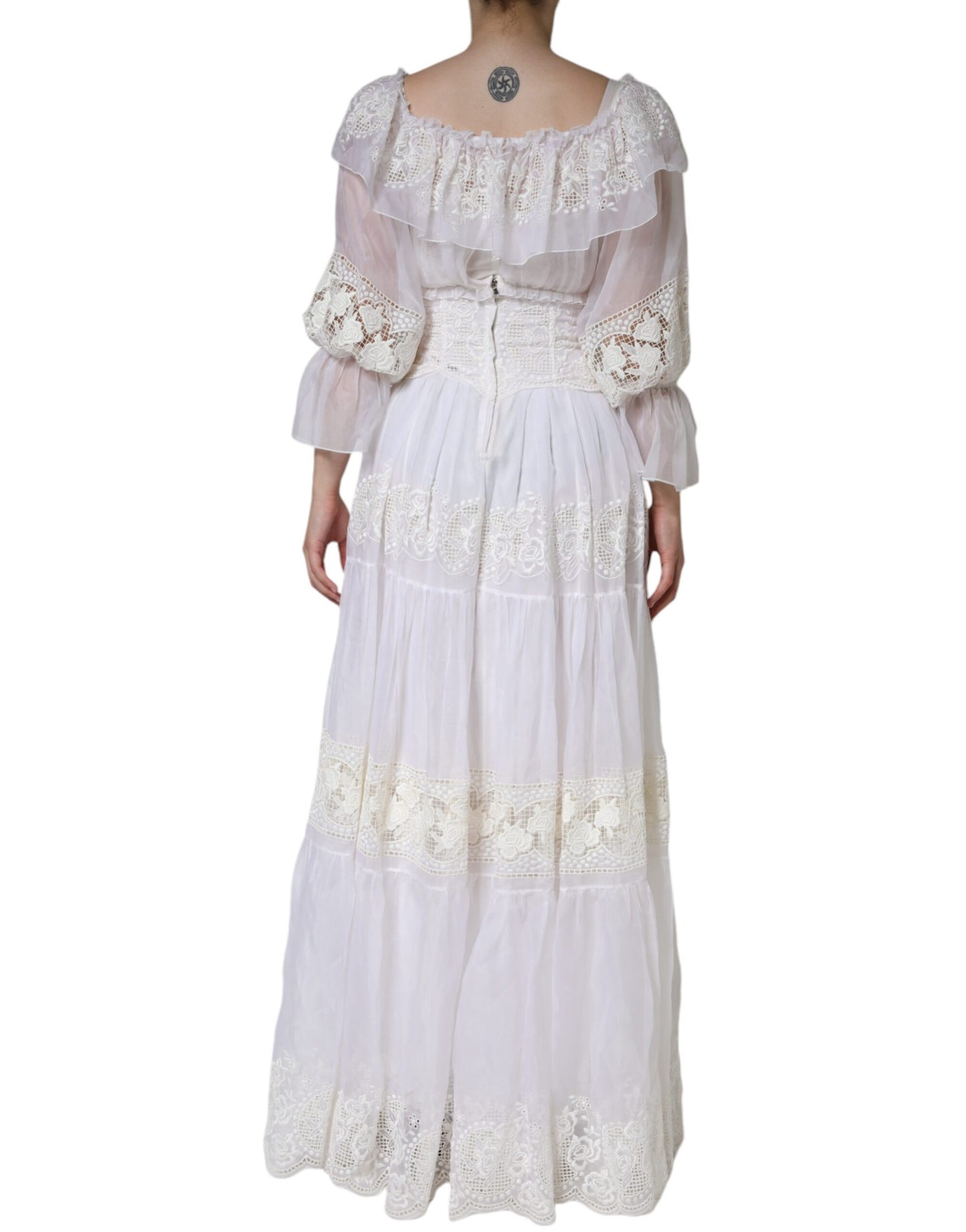 Dolce & Gabbana White Floral Lace Corset Cotton Maxi Dress