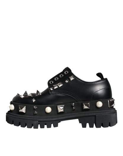 Dolce & Gabbana Black Leather Embellished Derby Formal Shoes