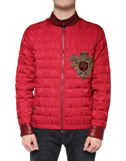 Dolce & Gabbana Red Quilted Bomber Gold Crown Logo Jacket