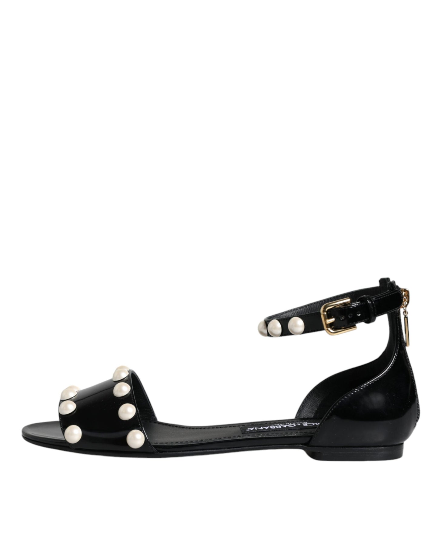 Dolce & Gabbana Black Leather Pearls Ankle Strap Sandals Shoes