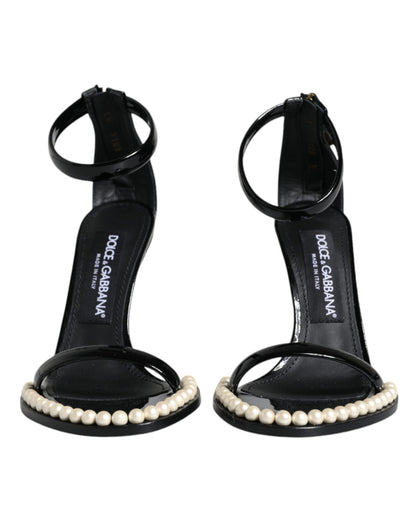 Dolce & Gabbana Black Keira Leather Faux Pearl Sandals Heels Shoes