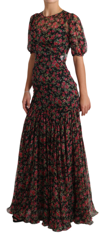 Dolce & Gabbana Elegant Black Silk Floral A-Line Gown